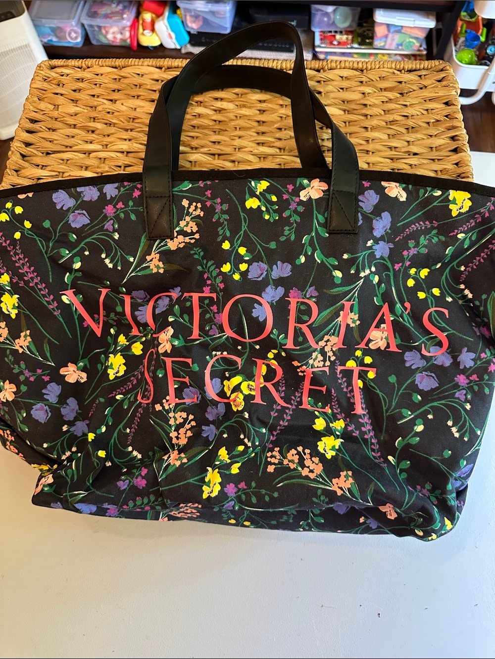 Victoria's Secret Black Floral Tote with Pink Logo